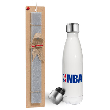 NBA, Πασχαλινή λαμπάδα, μεταλλικό παγούρι θερμός λευκός (500ml) & λαμπάδα αρωματική πλακέ (30cm) (ΓΚΡΙ)