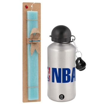 NBA, Πασχαλινό Σετ, παγούρι μεταλλικό Ασημένιο αλουμινίου (500ml) & πασχαλινή λαμπάδα αρωματική πλακέ (30cm) (ΤΙΡΚΟΥΑΖ)