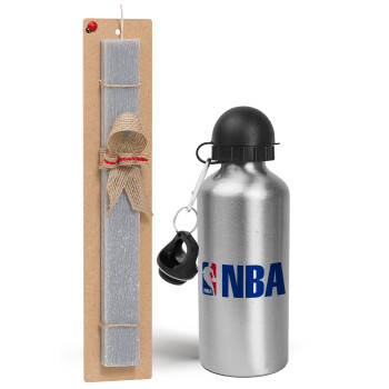 NBA, Πασχαλινό Σετ, παγούρι μεταλλικό Ασημένιο αλουμινίου (500ml) & πασχαλινή λαμπάδα αρωματική πλακέ (30cm) (ΓΚΡΙ)