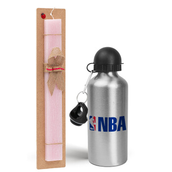 NBA, Πασχαλινό Σετ, παγούρι μεταλλικό Ασημένιο αλουμινίου (500ml) & πασχαλινή λαμπάδα αρωματική πλακέ (30cm) (ΡΟΖ)