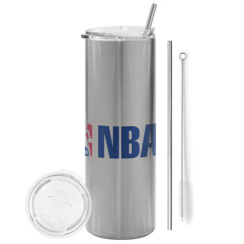 NBA, Eco friendly ποτήρι θερμό Ασημένιο (tumbler) από ανοξείδωτο ατσάλι 600ml, με μεταλλικό καλαμάκι & βούρτσα καθαρισμού