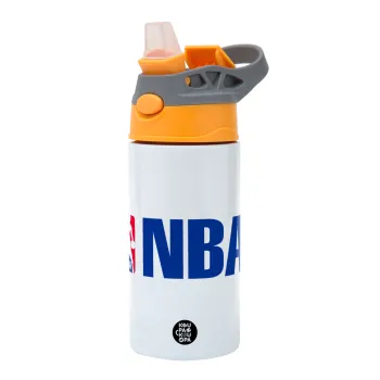 NBA, Children's hot water bottle, stainless steel, with safety straw, Orange/Grey (360ml) BPA-FREE