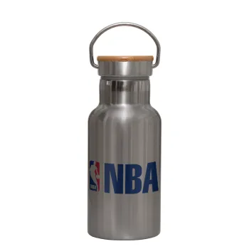 NBA, Μεταλλικό παγούρι θερμός (Stainless steel) Ασημένιο με ξύλινο καπακι (bamboo), διπλού τοιχώματος, 350ml