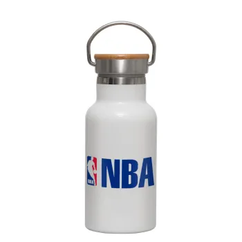 NBA, Μεταλλικό παγούρι θερμός (Stainless steel) Λευκό με ξύλινο καπακι (bamboo), διπλού τοιχώματος, 350ml