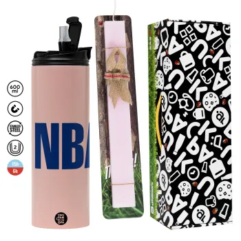 NBA, Πασχαλινή Λαμπάδα με  ΡΟΖ Travel Tumbler θερμό (600ml, BPA free) & κερί αρωματικό πλακέ (30cm) (ΡΟΖ)