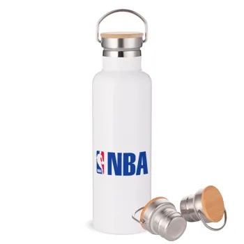 NBA, Μεταλλικό παγούρι θερμός (Stainless steel) Λευκό με ξύλινο καπάκι (bamboo), διπλού τοιχώματος, 750ml
