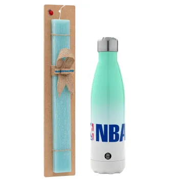 NBA, Easter Set, Metallic green/white thermos (Stainless steel), double-walled, 500ml & scented flat Easter candle (30cm) (TURQUOISE)