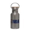 Stainless steel metallic thermos flask, silver with a bamboo lid, double-walled, 350ml.