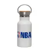 Metallic thermos (Stainless steel) White with wooden lid (bamboo), double-walled, 350ml