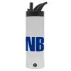 Metallic thermos bottle with straw & handle, stainless steel (Stainless steel 304), double-walled, 600ml.