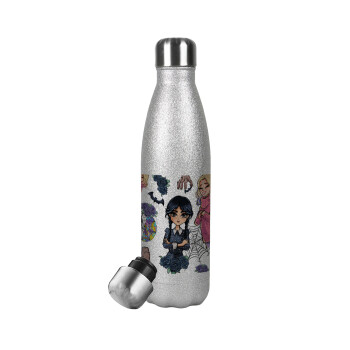 Wednesday and Enid Sinclair, Μεταλλικό παγούρι θερμός Glitter Aσημένιο (Stainless steel), διπλού τοιχώματος, 500ml