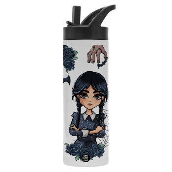 Wednesday and Enid Sinclair, Metallic thermos bottle with straw & handle, stainless steel (Stainless steel 304), double-walled, 600ml.