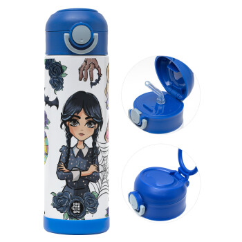 Wednesday and Enid Sinclair, Children's hot water bottle, stainless steel, with safety straw, BLUE (500ml)