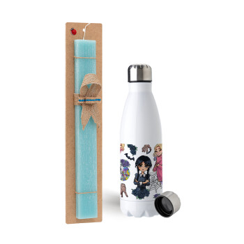Wednesday and Enid Sinclair, Easter Set, metallic stainless steel water bottle (750ml) & aromatic flat Easter candle (30cm) (TURQUOISE)
