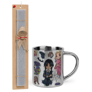 Wednesday and Enid Sinclair, Easter Set, metallic thermal cup (300ml) & Easter aromatic flat candle (30cm) (GRAY)