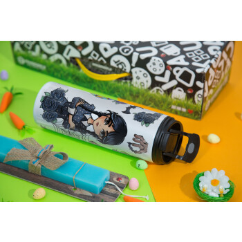 Wednesday and Enid Sinclair, Easter candle,Travel Tumbler 2 Lids, with metal straw & cleaning brush & aromatic flat candle (30cm) (BLUE)