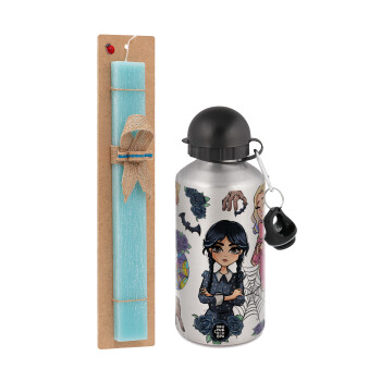 Wednesday and Enid Sinclair, Easter Set, metallic silver aluminum water bottle (500ml) & scented flat Easter candle (30cm) (TURQUOISE)