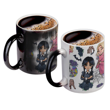 Wednesday and Enid Sinclair, Color changing magic Mug, ceramic, 330ml when adding hot liquid inside, the black colour desappears (1 pcs)
