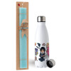 Easter Set, metallic stainless steel water bottle (750ml) & aromatic flat Easter candle (30cm) (TURQUOISE)