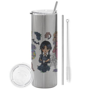 Wednesday and Enid Sinclair, Tumbler ποτήρι θερμό Ασημένιο από ανοξείδωτο ατσάλι 600ml, με μεταλλικό καλαμάκι & βούρτσα καθαρισμού