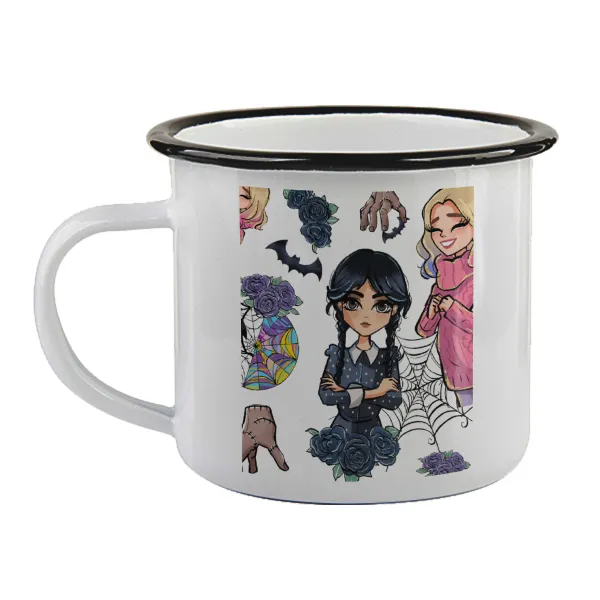 Wednesday and Enid Sinclair — Enamel mug with black rim, 360ml