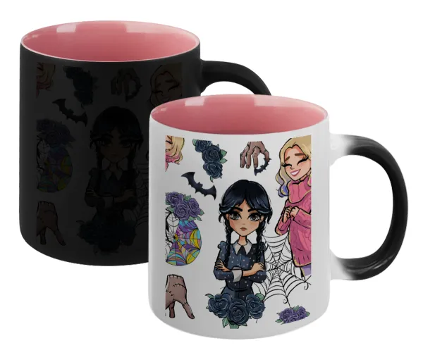 Wednesday and Enid Sinclair — Magic mug with pink interior, ceramic, 330ml, changes colour with hot drinks