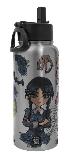Wednesday and Enid Sinclair — Metal mug thermo Silver with Straw and Spout Lid (Stainless steel), double wall, 950ml