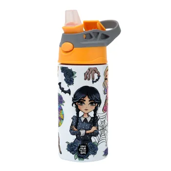 Wednesday and Enid Sinclair, Παιδικό παγούρι θερμό, ανοξείδωτο, με καλαμάκι ασφαλείας, Πορτοκαλί/Γκρι (360ml) BPA-FREE