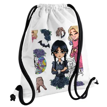 Wednesday and Enid Sinclair, Τσάντα πλάτης πουγκί GYMBAG λευκή, με τσέπη (40x48cm) & χονδρά κορδόνια