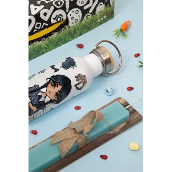 Wednesday and Enid Sinclair, Πασχαλινή Λαμπάδα με παγούρι μεταλλικό (620ml, stainless steel) & κερί αρωματικό πλακέ (30cm) (ΤΙΡΚΟΥΑΖ)