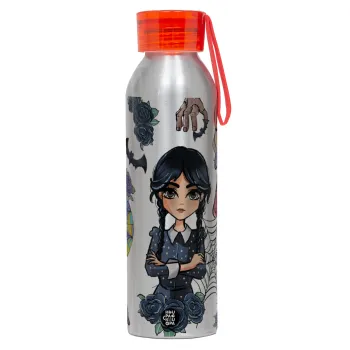 Wednesday and Enid Sinclair, Αλουμινένιο Αθλητικό Μπουκάλι 650ml – Ασημί με Κόκκινο Καπάκι και Λουράκι Σιλικόνης