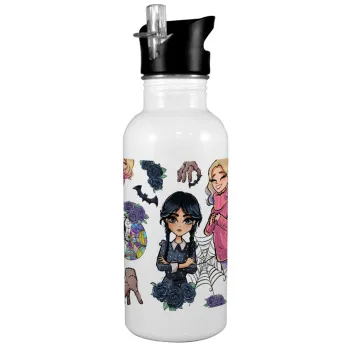 Wednesday and Enid Sinclair, White water bottle with straw, stainless steel 600ml