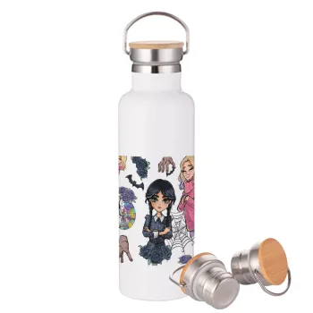 Wednesday and Enid Sinclair, Stainless steel White with wooden lid (bamboo), double wall, 750ml