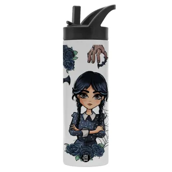 Wednesday and Enid Sinclair, Metallic thermos bottle with straw & handle, stainless steel (Stainless steel 304), double-walled, 600ml.