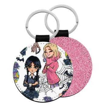 Wednesday and Enid Sinclair, Μπρελόκ Δερματίνη, στρογγυλό ΡΟΖ (5cm)