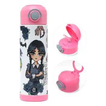 Wednesday and Enid Sinclair, Children's hot water bottle, stainless steel, with safety straw, PINK (500ml)