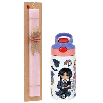 Wednesday and Enid Sinclair, Πασχαλινή Λαμπάδα με Παιδικό παγούρι θερμό, ανοξείδωτο, με καλαμάκι ασφαλείας, ροζ/μωβ (350ml) & κερί αρωματικό πλακέ (30cm) (ΡΟΖ)