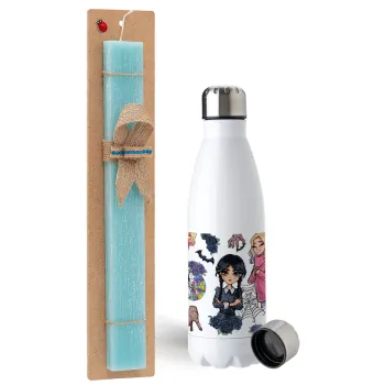 Wednesday and Enid Sinclair, Easter Set, metallic stainless steel water bottle (750ml) & aromatic flat Easter candle (30cm) (TURQUOISE)