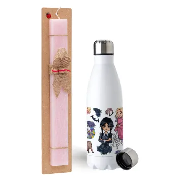 Wednesday and Enid Sinclair, Easter Set, metallic stainless steel water bottle (750ml) & scented flat Easter candle (30cm) (PINK)