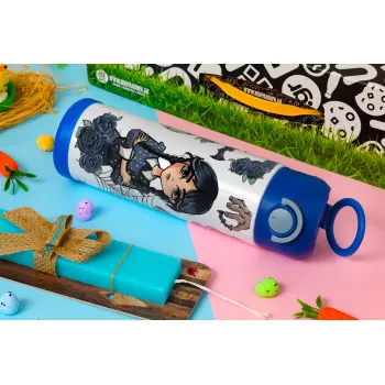 Wednesday and Enid Sinclair, Easter candle, Childrens hot water bottle, stainless steel, with safety straw, BLUE (500ml)