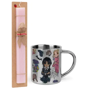 Wednesday and Enid Sinclair, Easter Set, metallic thermal cup (300ml) & aromatic flat Easter candle (30cm) (PINK)