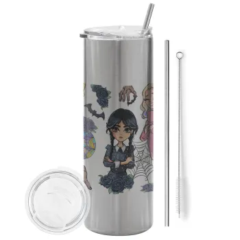 Wednesday and Enid Sinclair, Tumbler ποτήρι θερμό Ασημένιο από ανοξείδωτο ατσάλι 600ml, με μεταλλικό καλαμάκι & βούρτσα καθαρισμού