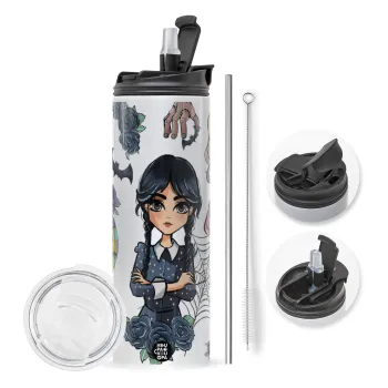 Wednesday and Enid Sinclair, Travel Tumbler θερμό με διπλό καπάκι, μεταλλικό καλαμάκι και βούρτσα καθαρισμού (Ανωξείδωτο 304 Food grade, BPA free, 600ml)