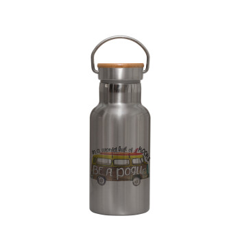 Outerbanks Pogue Life, Stainless steel metallic thermos flask, silver with a bamboo lid, double-walled, 350ml.