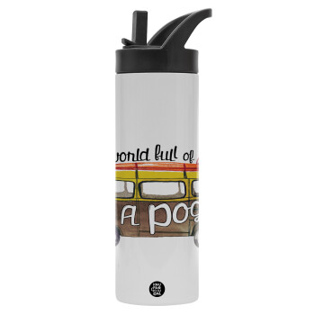 Outerbanks Pogue Life, Metallic thermos bottle with straw & handle, stainless steel (Stainless steel 304), double-walled, 600ml.