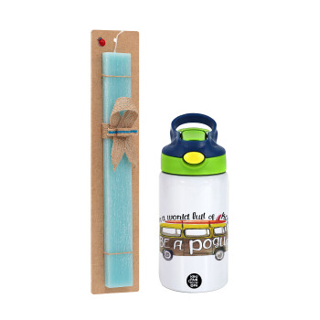 Outerbanks Pogue Life, Easter Set, Children's thermal stainless steel bottle with safety straw, green/blue (350ml) & aromatic flat Easter candle (30cm) (TURQUOISE)