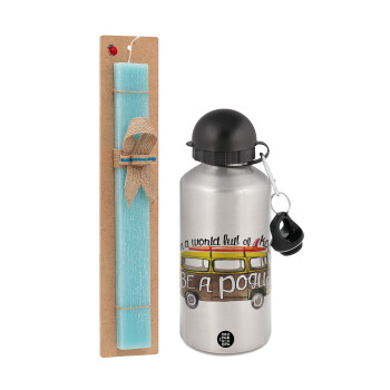 Outerbanks Pogue Life, Easter Set, metallic silver aluminum water bottle (500ml) & scented flat Easter candle (30cm) (TURQUOISE)