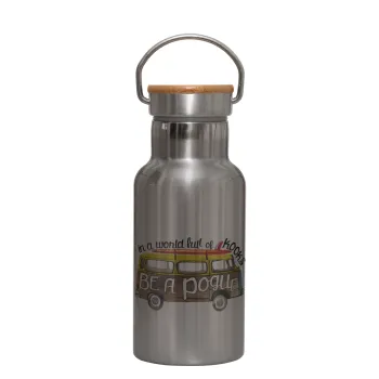 Outerbanks Pogue Life, Stainless steel metallic thermos flask, silver with a bamboo lid, double-walled, 350ml.