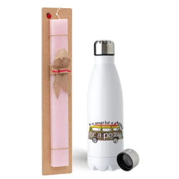 Outerbanks Pogue Life, Easter Set, metallic stainless steel water bottle (750ml) & scented flat Easter candle (30cm) (PINK)