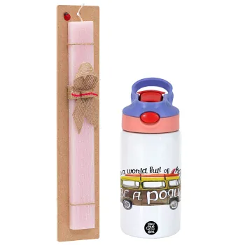 Outerbanks Pogue Life, Easter Set, Children's thermal stainless steel water bottle with safety straw, pink/purple (350ml) & Easter scented flat candle (30cm) (PINK)